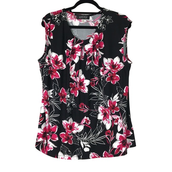 Kasper Tops - Kasper Floral Pleated Keyhole Sleeveless Blouse 2X Black Pink